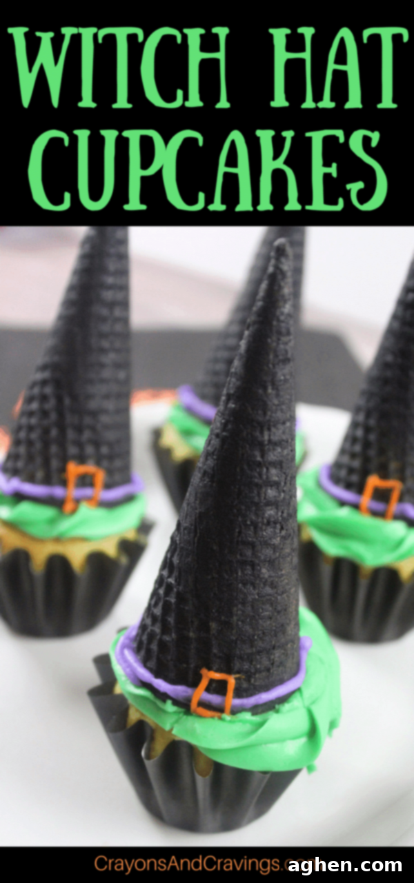 Spooky Witch Hat Cupcakes 14 A full batch of festive witch hat cupcakes, ready for a Halloween party, made with green frosting and black sugar cone hats.