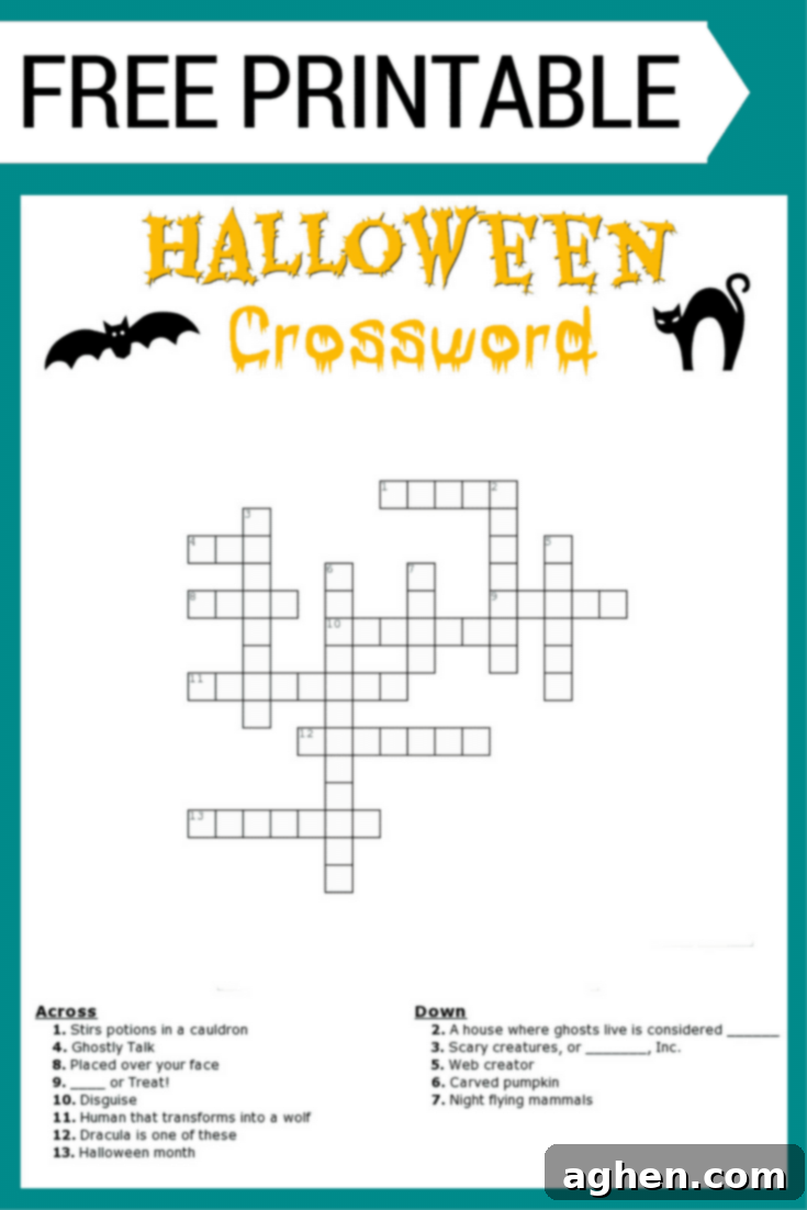 Free printable Halloween Crossword puzzle with word bank pin.