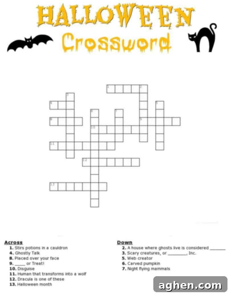 Halloween crossword puzzle worksheet with 13 clues.