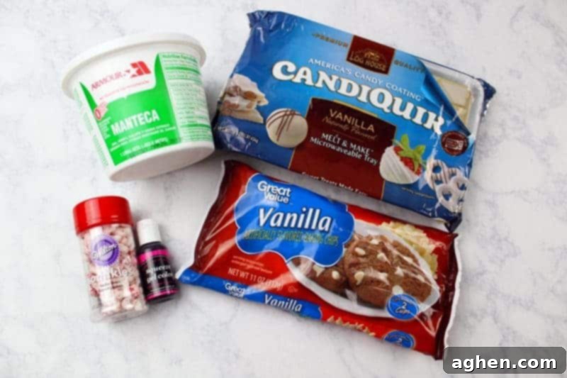The five essential ingredients for Bloody Good Halloween Bones Bark: vanilla Candiquik melting candy, lard, red food coloring, white baking chips, and bone sprinkles, laid out on a clean surface.
