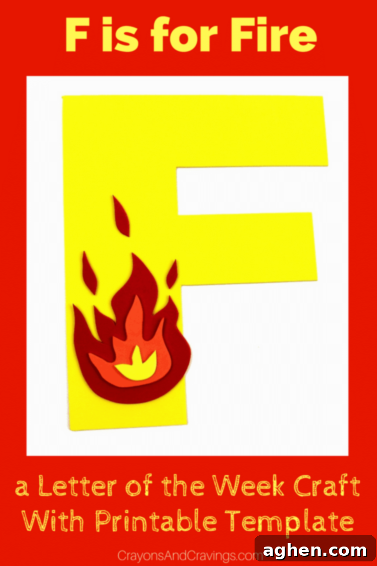 A vibrant Letter F is for Fire craft, made with colorful craft foam, featuring layered flame shapes and a bold letter F.
