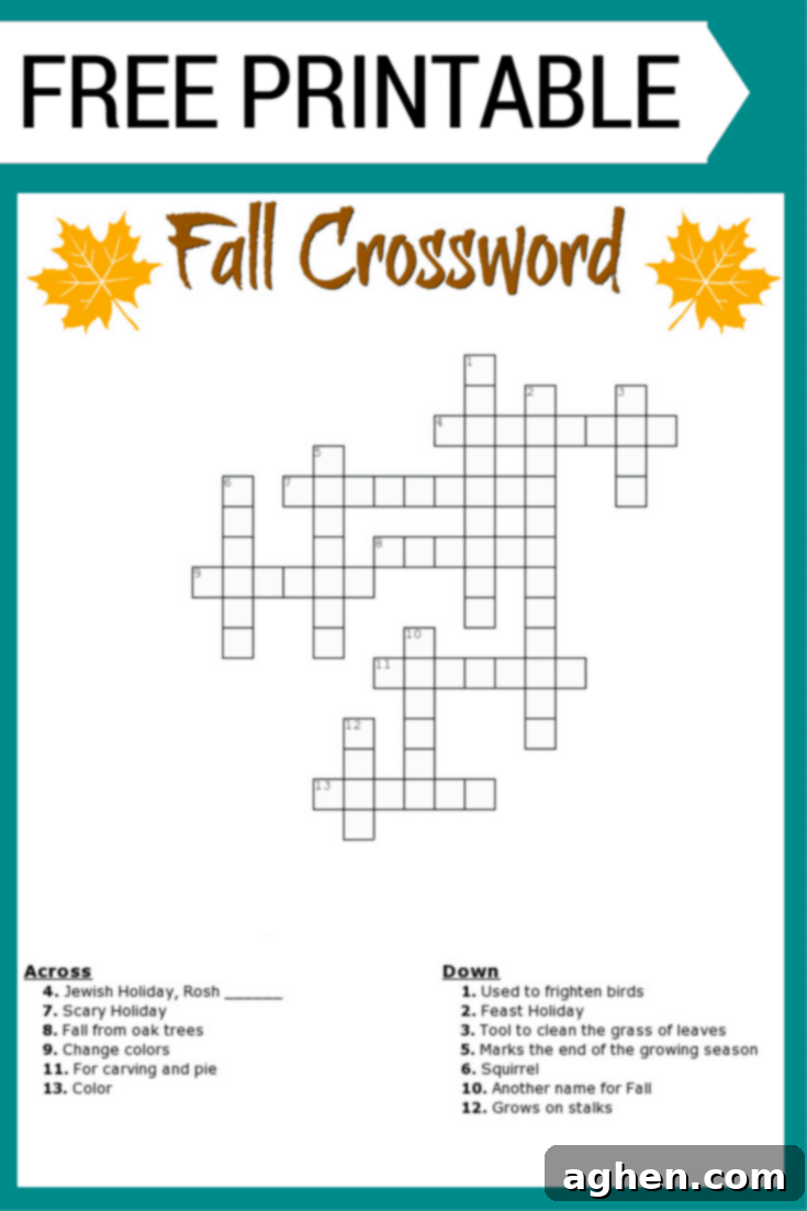 Free Fall crossword puzzle printable worksheet available with and without a word bank. Perfect for the classroom or as a fun Autumn activity at home.