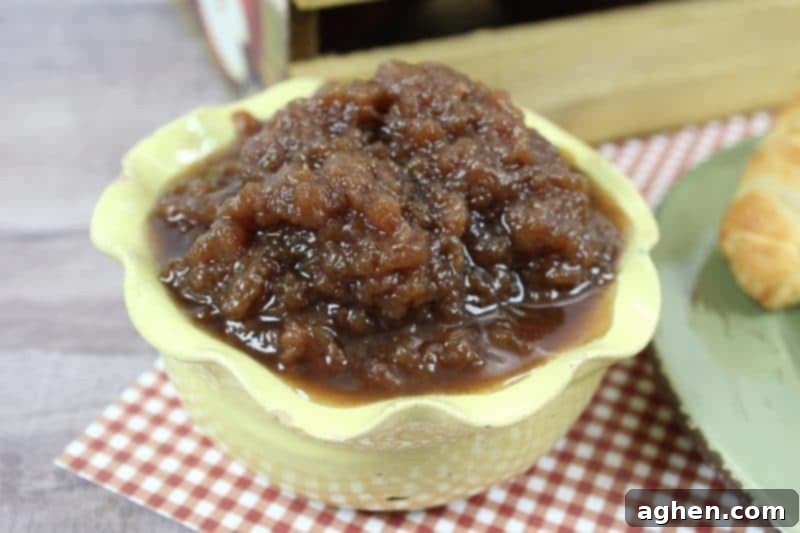 Homemade crockpot apple butter cooking in a slow cooker, ready to be spread on toast or biscuits.