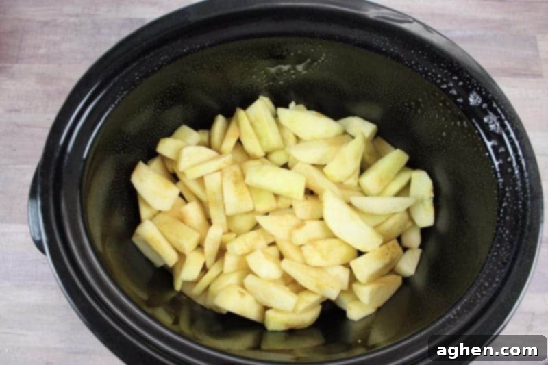 Step 2: Place prepared apples into the crockpot for apple butter.