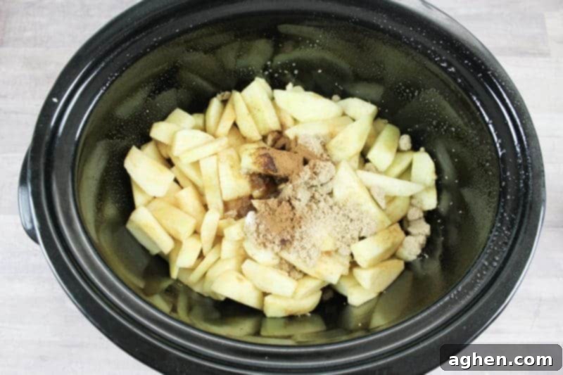 Step 3: Add white sugar, brown sugar, cinnamon, and vanilla to the apples in the crockpot.