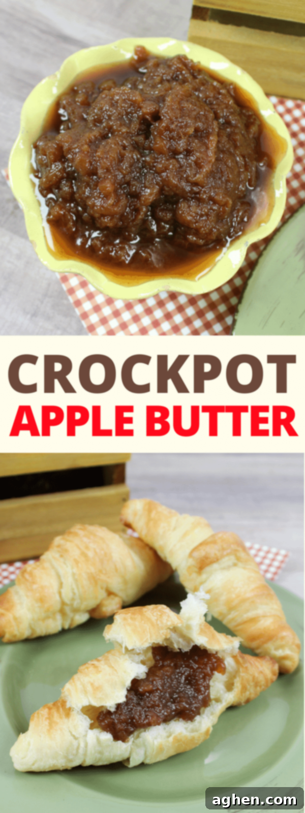 Homemade crockpot apple butter jar with fall leaves, perfect for an easy fall breakfast or gift.
