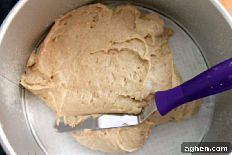 First layer of coffee cake batter spread evenly in a springform pan.