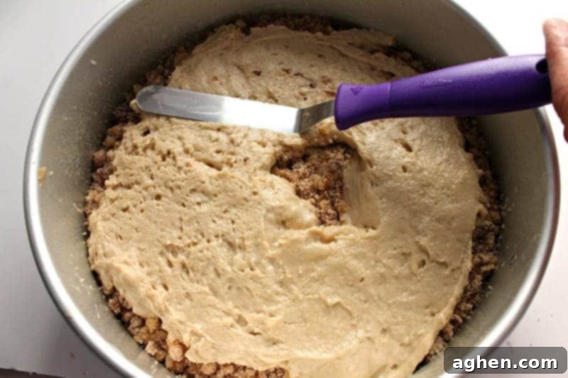 Remaining cake batter being carefully dolloped and spread over the streusel layer.