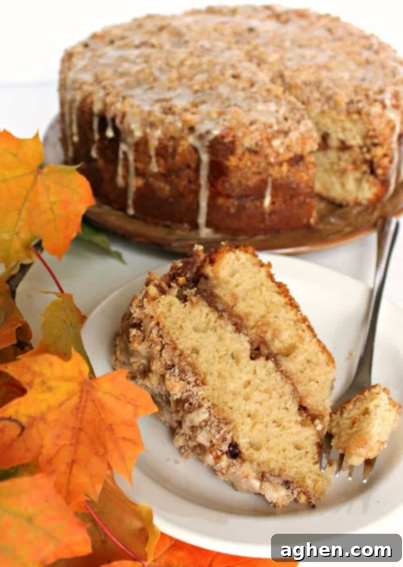 Top-down view of a full Maple Walnut Coffee Cake, freshly baked with golden streusel.
