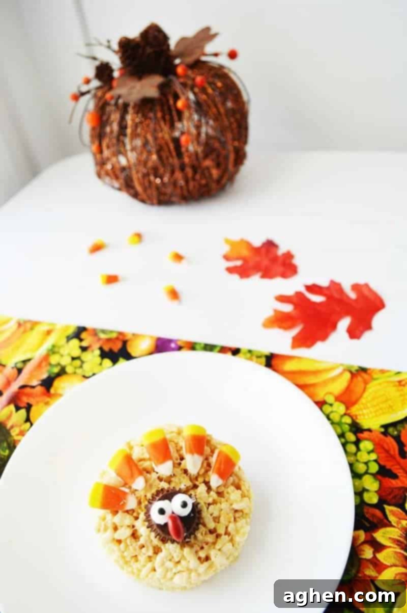 A plate of finished Rice Krispie Turkey Treats, ready to be served, showcasing their charming and festive appearance.