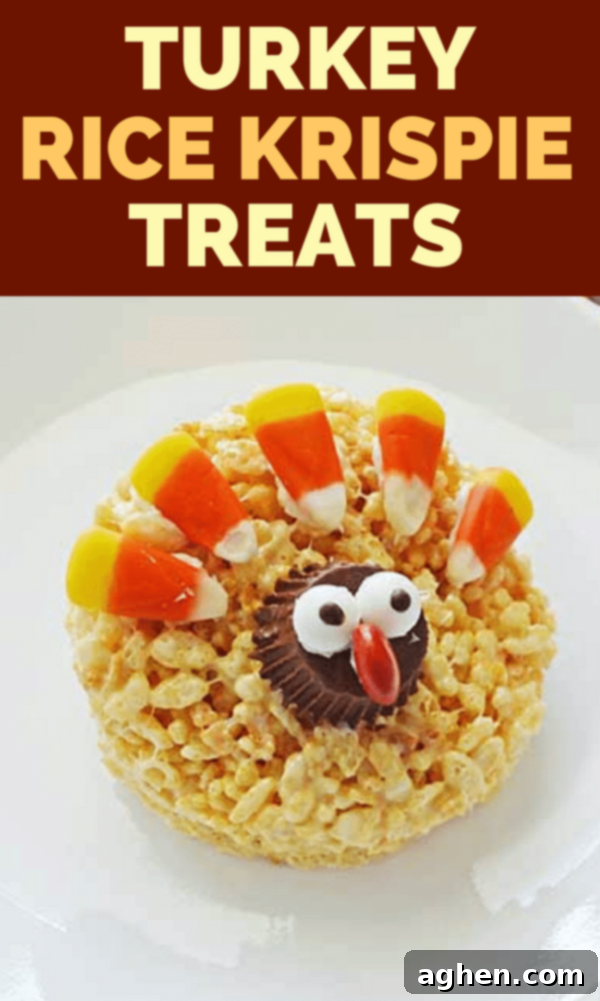 Pin this recipe for easy no-bake Rice Krispie Turkey Treats for Thanksgiving, an ideal kid-friendly holiday dessert.