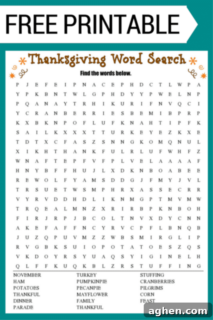 Free Thanksgiving Wordsearch printable with 17 words to find.