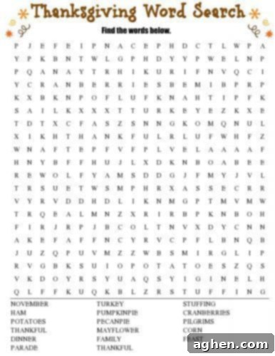 Thanksgiving word search with a word back containing with 17 Thanksgiving words such as turley, dinner, family, stuffing, family, and parade.