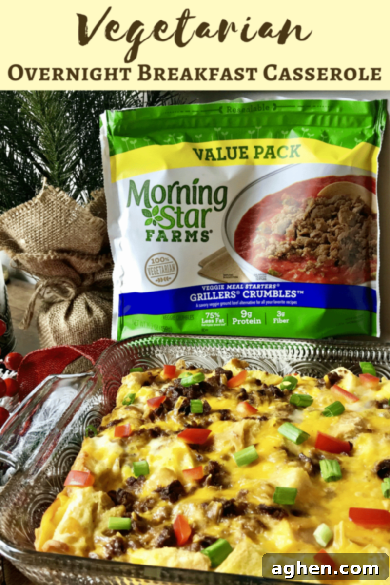 Vegetarian overnight breakfast casserole with MorningStar Farms Grillers Crumbles, ready to be served on a holiday morning.