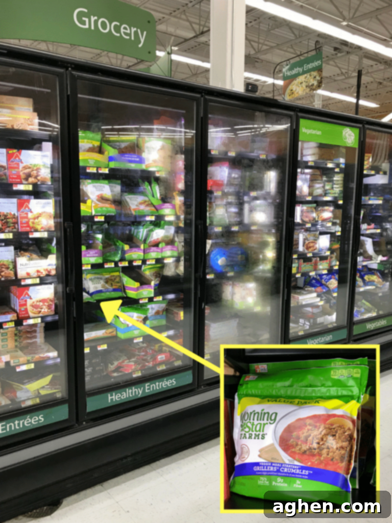 A package of MorningStar Farms Grillers Crumbles in the frozen foods section at Walmart.