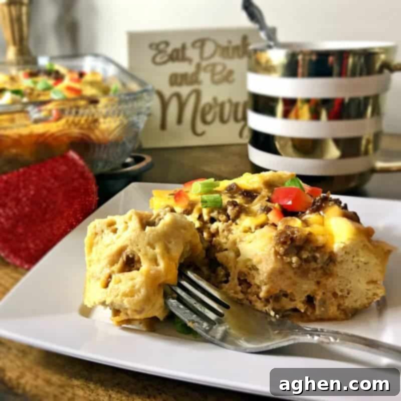 Close-up of a cheesy vegetarian overnight breakfast casserole, golden brown and bubbly, featuring MorningStar Farms Grillers Crumbles.