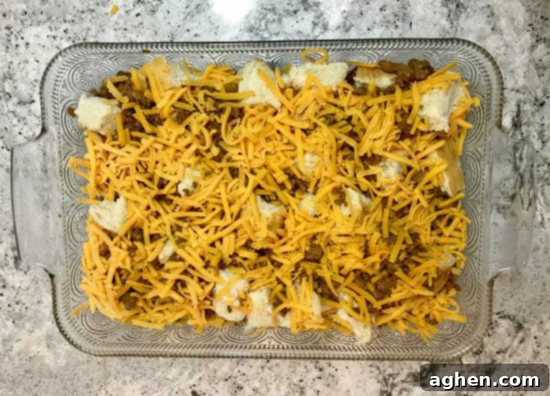 MorningStar Farms Grillers Crumbles mixed into a skillet, ready for the vegetarian breakfast casserole.