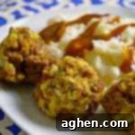 Close-up of a single golden-brown Turkey and Stuffing Ball