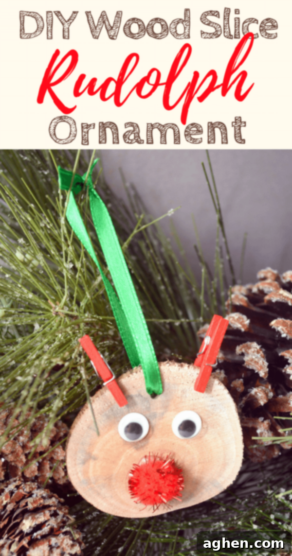 Pinterest graphic featuring a finished DIY rustic wood slice Rudolph ornament and the title: 'DIY Rustic Wood Slice Rudolph the Red Nose Reindeer Ornament Craft'.