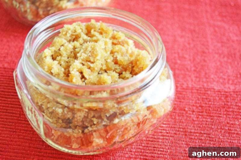 Final DIY brown sugar scrub in a glass jar, perfectly mixed and ready for use or gifting, highlighting its natural ingredients.