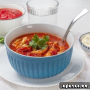 Tomato-based Southwest chicken soup in a bowl with a spoon, garnished.