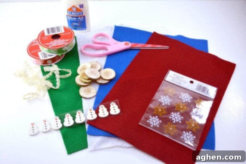 Supplies laid out for making a DIY Christmas Tic Tac Toe board game, including felt, ribbon, and wood slices.