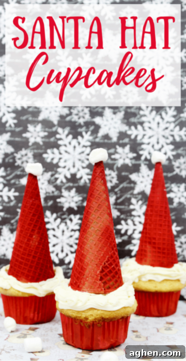Santa hat cupcakes are made by topping cupcakes with red sugar cones and a mini marshmallow. These fun and easy Christmas cupcakes will definitely be a hit!