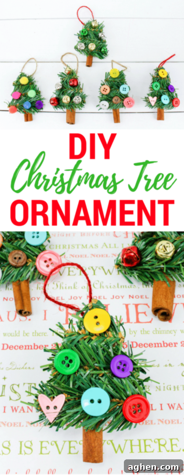 A Pinterest-friendly graphic for the DIY Christmas Tree Ornament craft, featuring the finished ornament and key supplies.