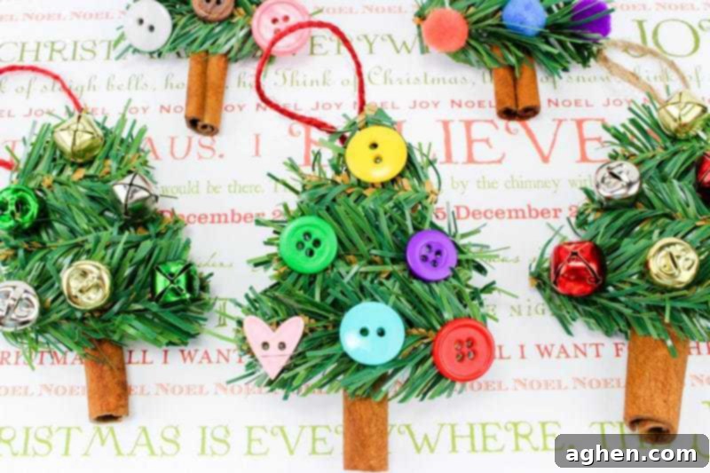 Step-by-step tutorial image showing a partially assembled DIY Christmas tree ornament with garland glued to a cinnamon stick.