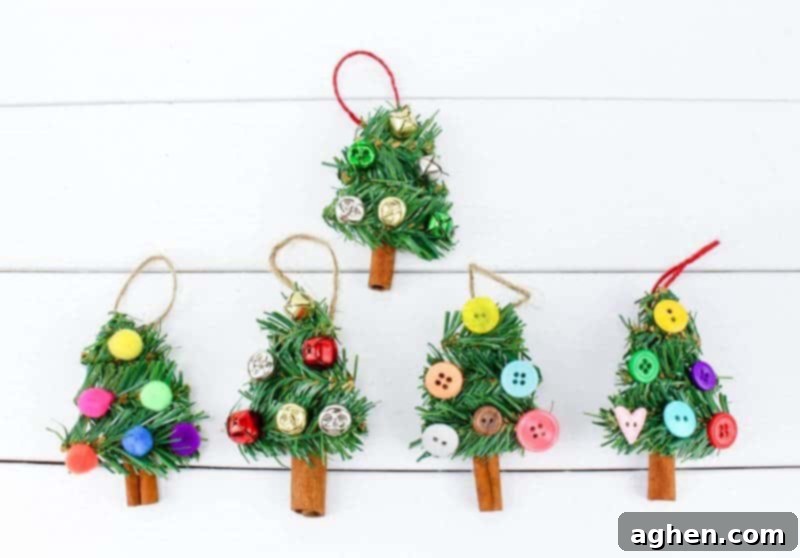 Step 4 of the DIY Christmas tree ornament craft, showing a finished decorated ornament with pom poms, buttons, and jingle bells.