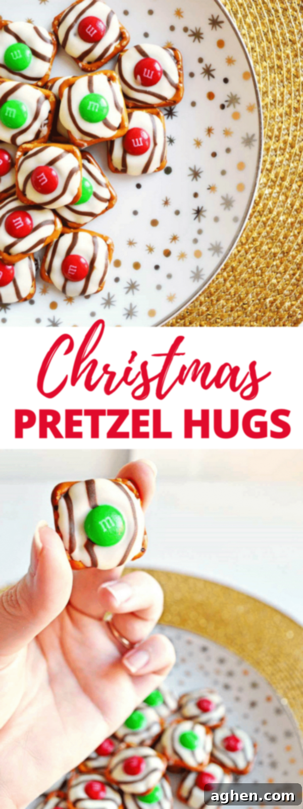 Salty-sweet Christmas pretzel hugs treats are quick and easy to make with just 3 ingredients: square pretzels, M&Ms, and Hershey's Hugs.