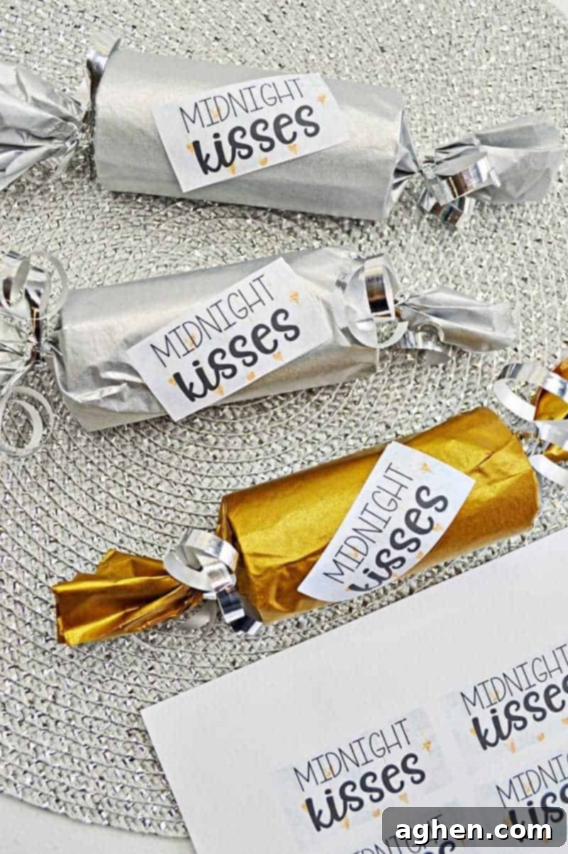 This fun Midnight Kisses New Year's Eve Party Poppers craft is easy to make with toilet paper rolls, tissue paper, ribbon, and the included printable label.