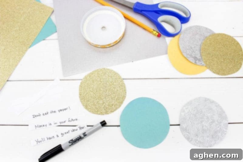 Tracing circles on patterned paper for fortune cookies.