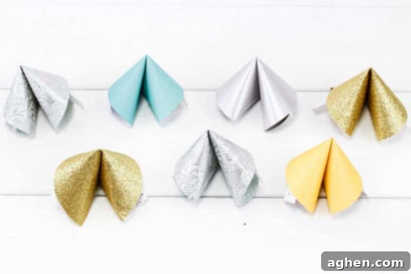 Finished paper fortune cookies ready for a New Year's party.
