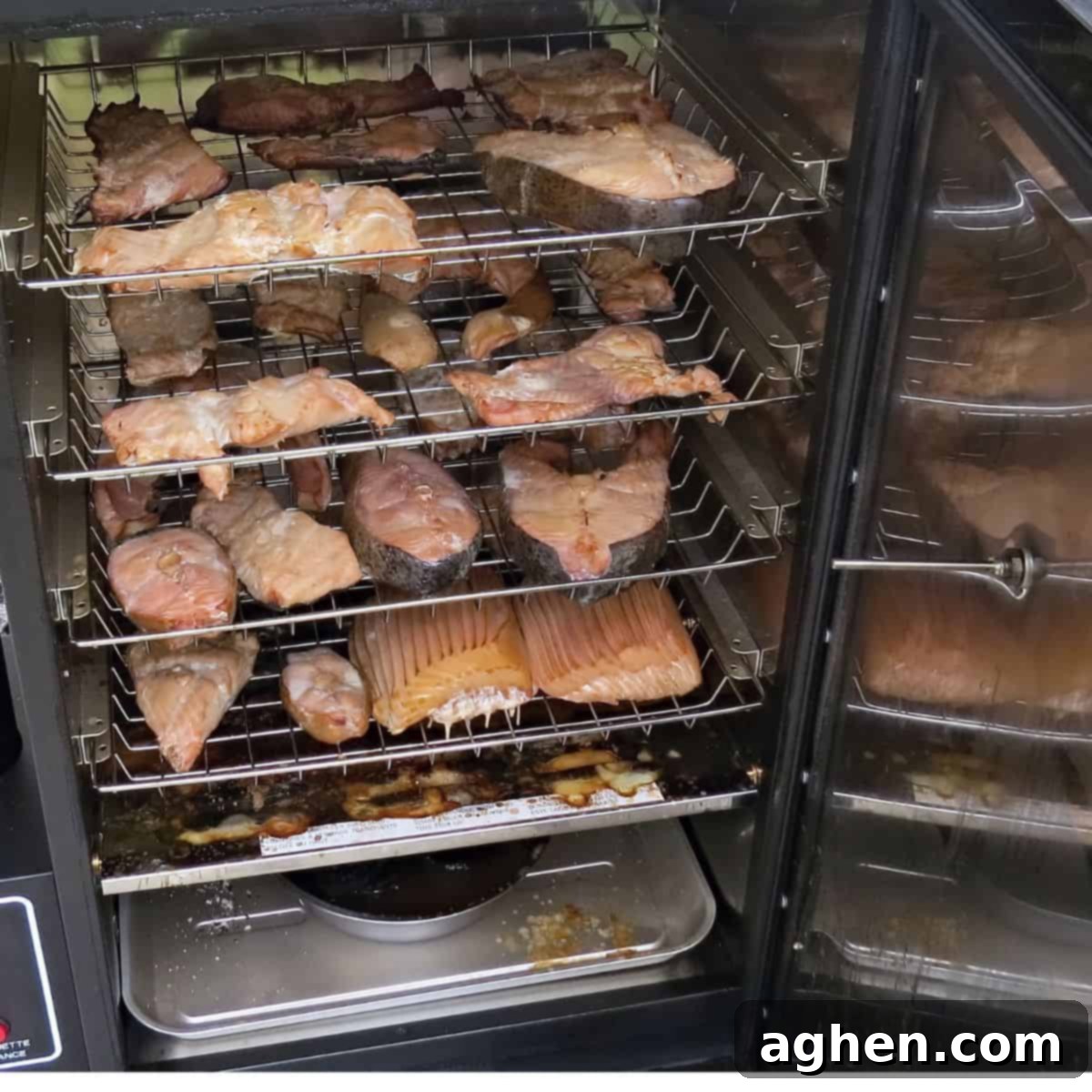 salmon cooking in smoker