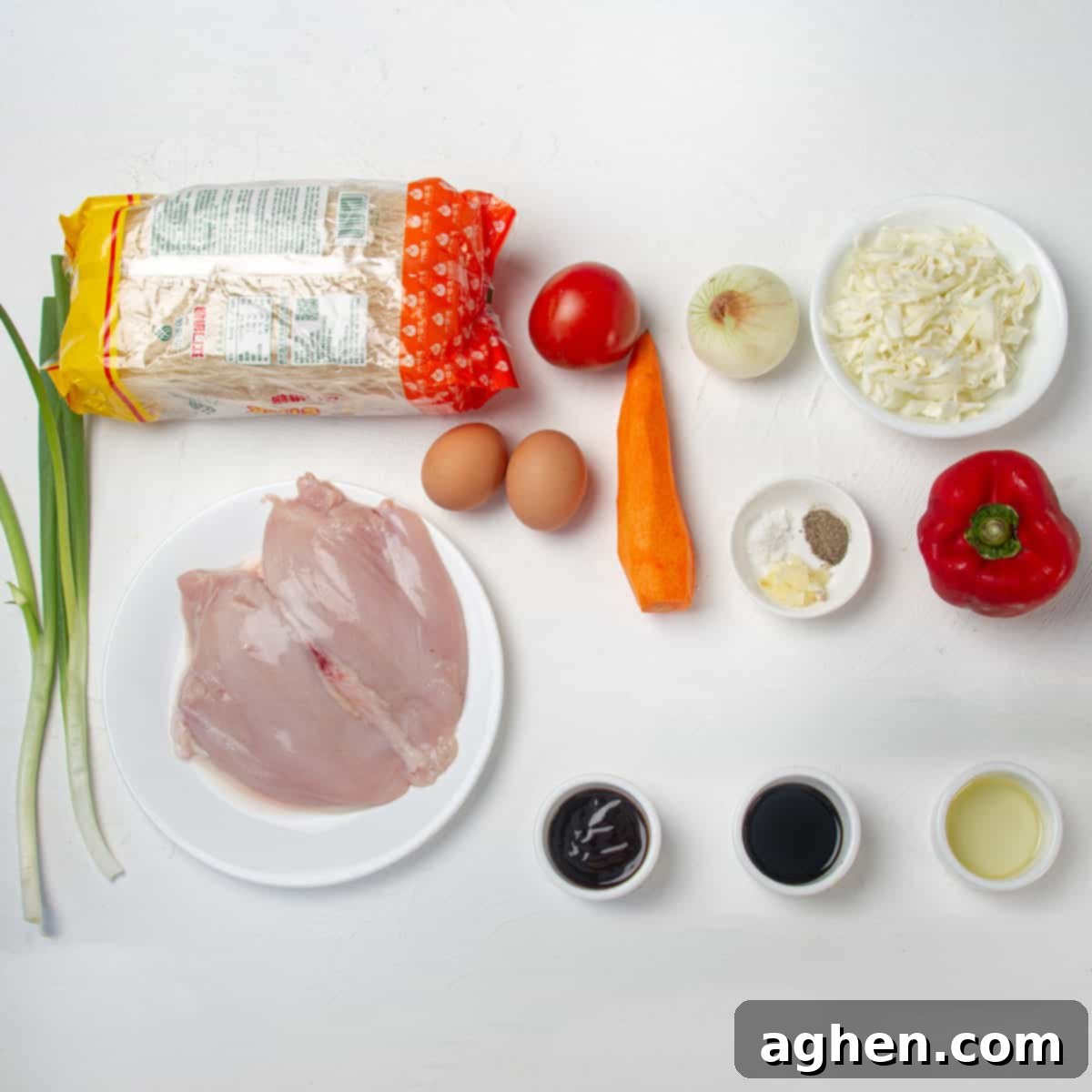 Thai Pad Woon Sen Stir Fry 3 Pad woon sen ingredients, including a package of glass noodles, a tomato, a white onion, white cabbage, a red bell pepper, a carrot, 2 eggs, green onion, sesame oil, skinless chicken breast, soy sauce, oyster sauce, minced garlic, stevia, ginger, and salt and pepper.