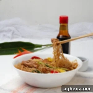 Thai Pad Woon Sen Stir Fry 10 A bowl of pad woon sen, or stir-fried glass noodles. The Thai dish is comprised of thin stir-fried noodles with colorful veggies in a brown sauce.