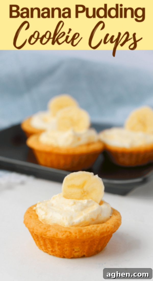 A top-down view of several banana pudding cookie cups, perfectly aligned and ready to be enjoyed.