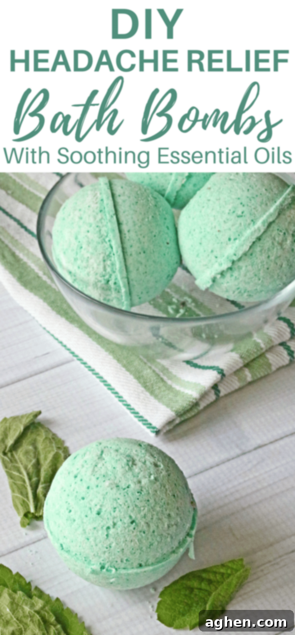 A Pinterest-friendly graphic encouraging users to save the DIY Headache Bath Bomb recipe for future reference and natural pain relief.