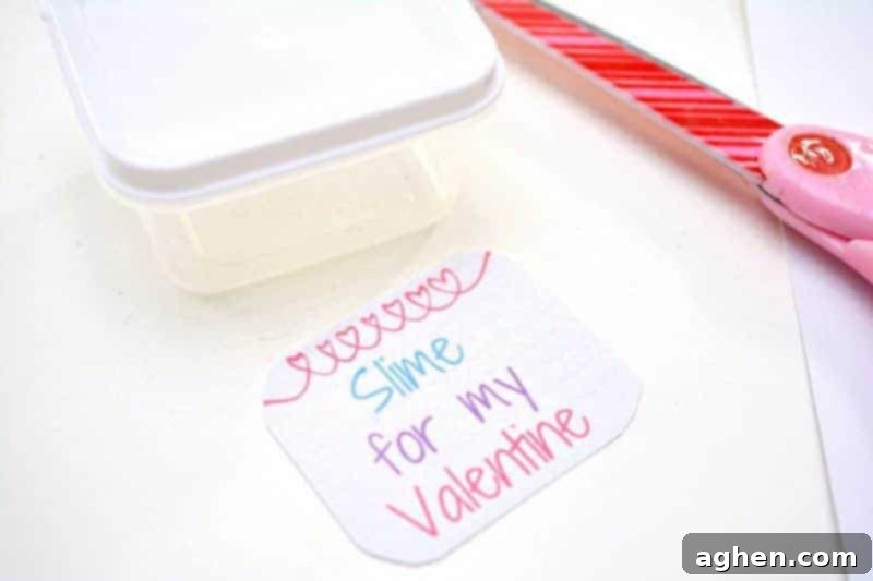 Download and print free 'Slime for my Valentine' labels.