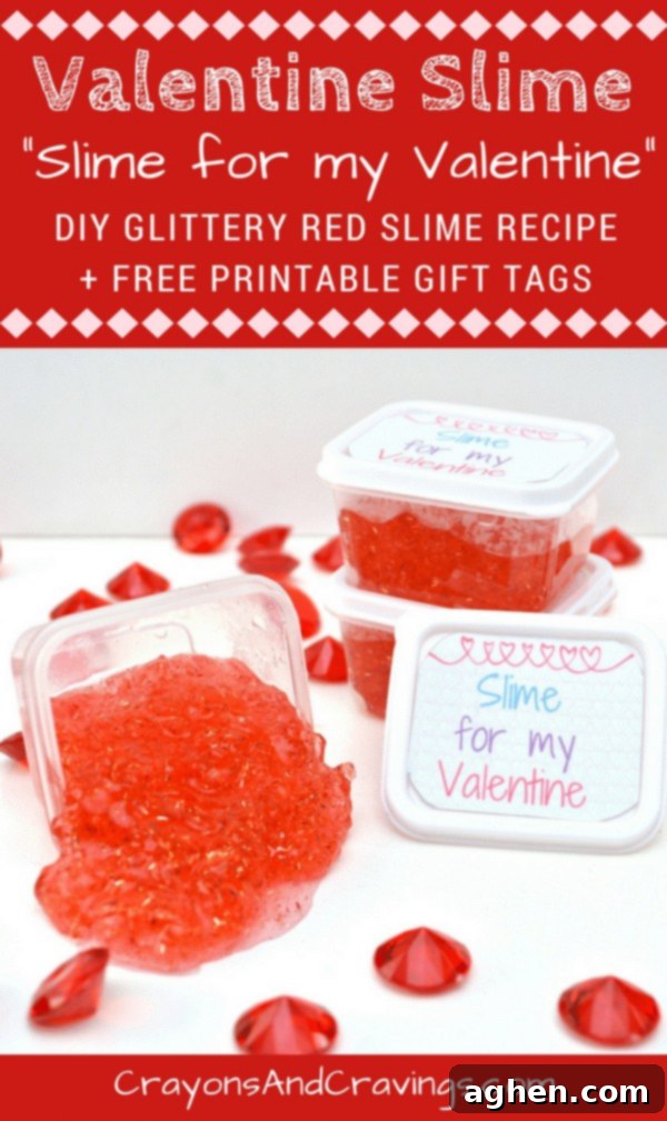 Finished DIY Valentine Slime containers with free printable gift tags, ready for kids to give out on Valentine's Day.