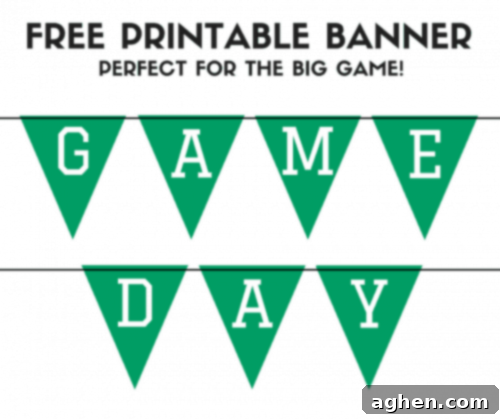 A free printable Game Day banner, hanging above a party spread, perfect for adding a festive touch to any football gathering.