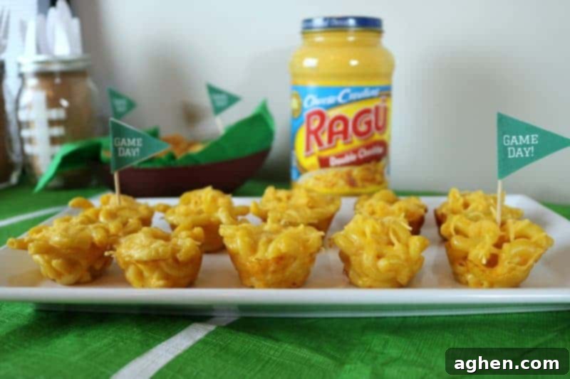 Delicious and easy-to-make mini mac & cheese cups, a perfect bite-sized appetizer for any football themed party or Big Game celebration.