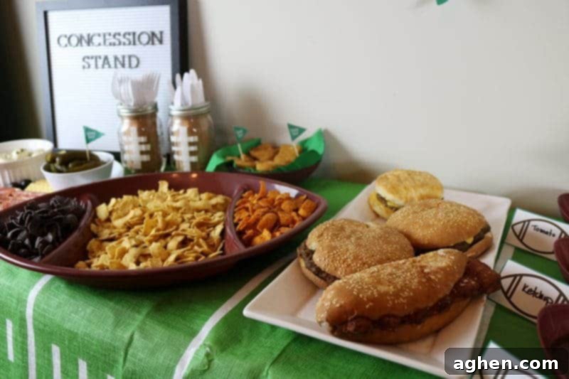A comprehensive view of the Game Day party spread, highlighting a variety of dishes and festive football themed decorations for a lively gathering.