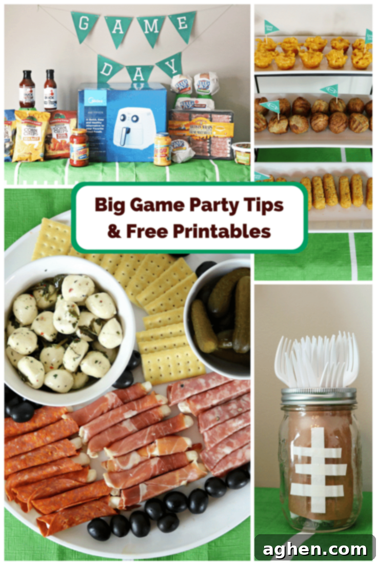 An overview of the Big Game party spread with free printable decorations, including the banner and labels, showcasing a well-themed celebration.