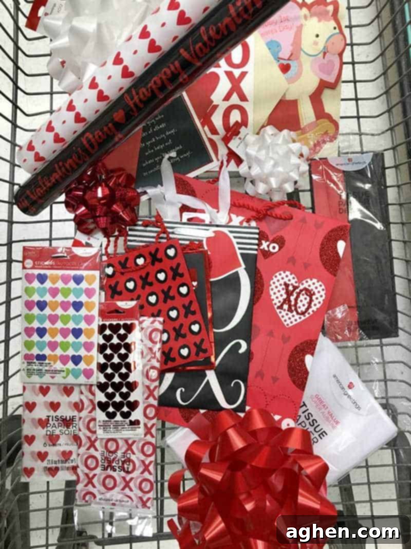 A collection of Valentine's Day shopping haul items from American Greetings at Walmart, including cards, wrapping, and bows.