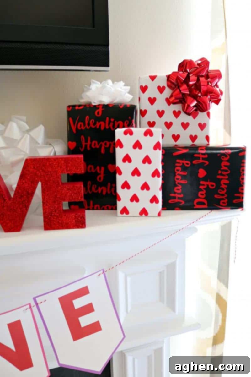 Wrapped Valentine"s Day gifts arranged as part of holiday decor on a mantle, complementing a DIY banner.