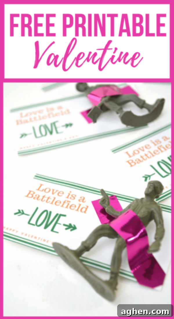 Sweethearts Skirmish Free Kids Valentine Printable 5 Collage of various completed DIY Toy Soldier Valentines with different army men poses, ready to be gifted for Valentine's Day.