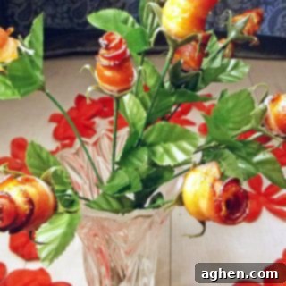 A close-up of a candied bacon rose, showcasing its unique texture and delicious appeal.