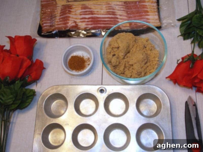 Ingredients and supplies laid out for making candied bacon roses, including bacon, brown sugar, cayenne pepper, and a mini muffin tin.